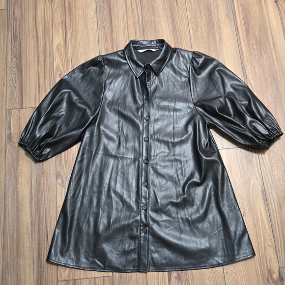 Zara Black Faux Leather Puff Sleeve Button Down Shirt Dress TunicLarge 4369/250 - Picture 3 of 12